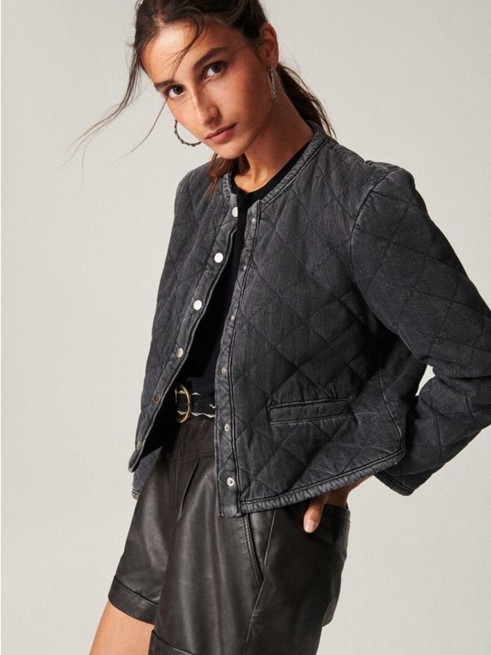 ba&sh Quilted Charcoal Gray Snap-Front Bomber Jacket